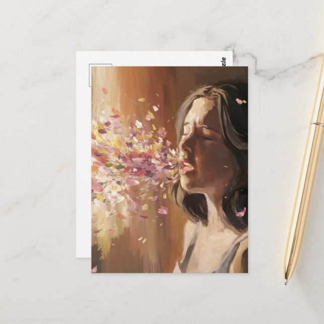 Carte Postale Femme de fièvre du printemps surréaliste (Devant/Arrière en situation)