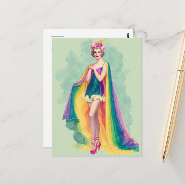 Carte Postale Femme de Flapper dans un Cap Arc-en-ciel (Devant/Arrière en situation)