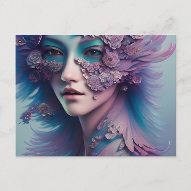 Carte Postale Femme de fleurs et de plumes (Devant)