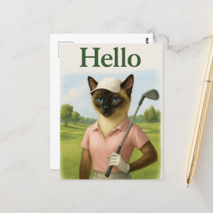 Carte Postale Femme de golf avec Hello Text sur Green