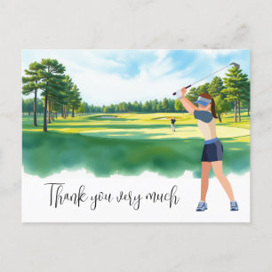 Carte Postale Femme de golf dans l'aquarelle de terrain de golf 