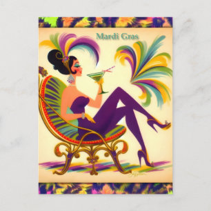 Carte Postale Femme de Mardi Gras du milieu du siècle avec un Ma