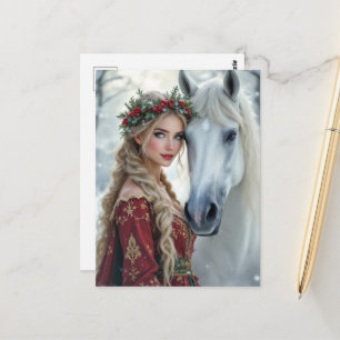 Carte Postale Femme de Noël adorable et cheval