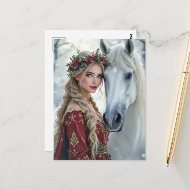 Carte Postale Femme de Noël adorable et cheval (Devant/Arrière en situation)