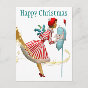 Carte Postale Femme de Noël vintage 1950 avec des cadeaux
