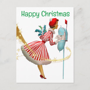 Carte Postale Femme de Noël vintage 1950 avec des cadeaux