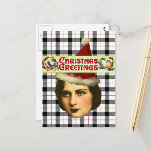 Carte Postale Femme de Noël vintage avec chapeau de Père Noël