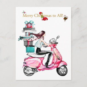 Carte Postale Femme de Noël vintage sur un scooter rose