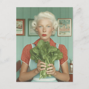 Carte Postale Femme de style vintage tenant des légumes verts fr