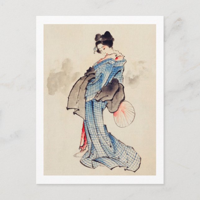 Carte Postale Femme debout avec un ventilateur, Hokusai (Devant)