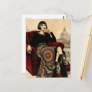 Carte Postale Femme des années 1920 assise dans un fauteuil roug