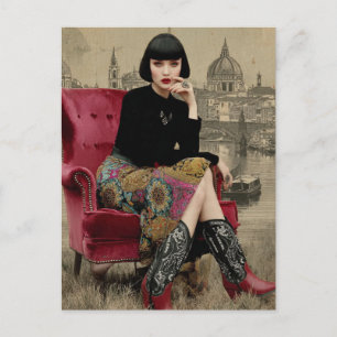 Carte Postale Femme des années 1920 en jupe colorée et bottes