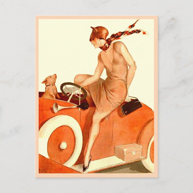 Carte Postale Femme des années 1920, voiture et chien (Devant)