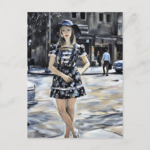 Carte Postale femme des années 1970 portant un chapeau de soleil