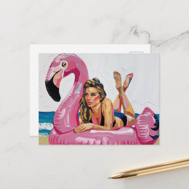Carte Postale Femme d'été sur un Flamant rose flottant à la plag (Devant/Arrière en situation)