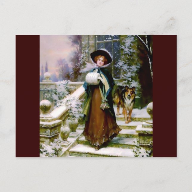 Carte Postale Femme d'hiver Collie Chien Victorian Main Muff (Devant)