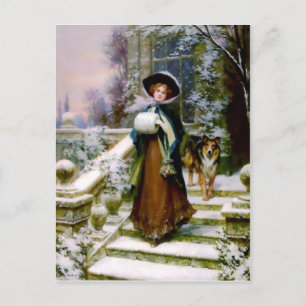 Carte Postale Femme d'hiver Collie Chien Victorian Main Muff