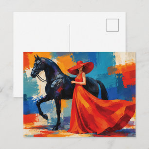 Carte Postale Femme Élégante en Rouge avec Cheval Noir