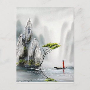 Carte postale femme en bateau peinture chinoise