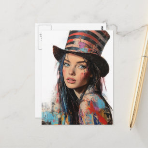 Carte Postale Femme en chapeau haut-de-forme Collage de médias m