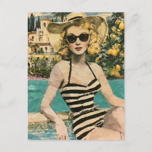 Carte Postale Femme en maillot de bain noir et blanc sous un cit