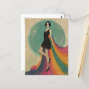Carte Postale Femme en plume dans un Rainbow Cape et robe noire