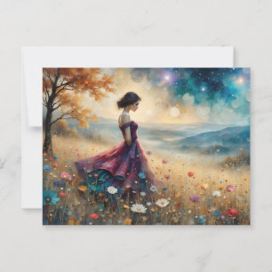 Carte Postale Femme en robe colorée sur la colline des fleurs