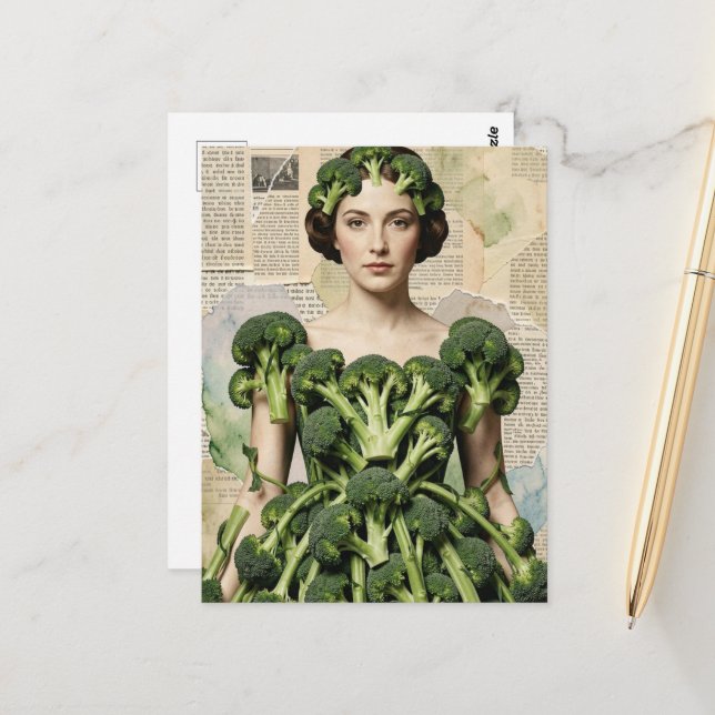 Carte Postale Femme en robe de brocolis ridicule  (Devant/Arrière en situation)