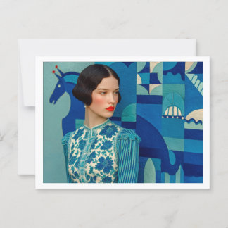 Carte Postale Femme en robe florale bleue, peinture de cheval bl