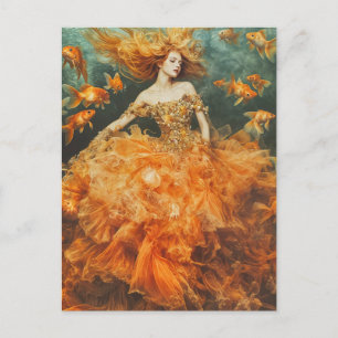 Carte Postale Femme en robe Poisson Rouge Fantaisie Mode
