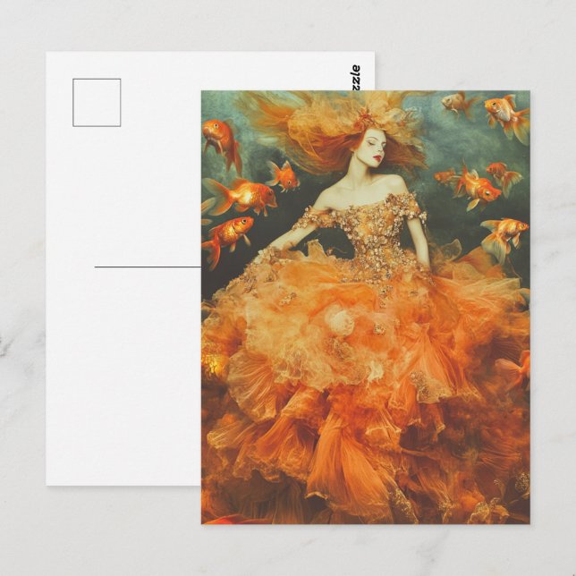 Carte Postale Femme en robe Poisson Rouge Mode (Devant / Derrière)