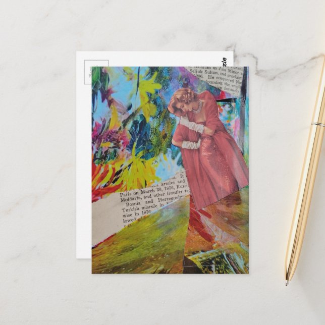 Carte Postale Femme en robe rouge Collage (Devant/Arrière en situation)