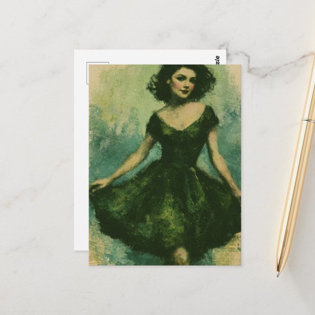 Carte Postale Femme en robe verte (Devant/Arrière en situation)