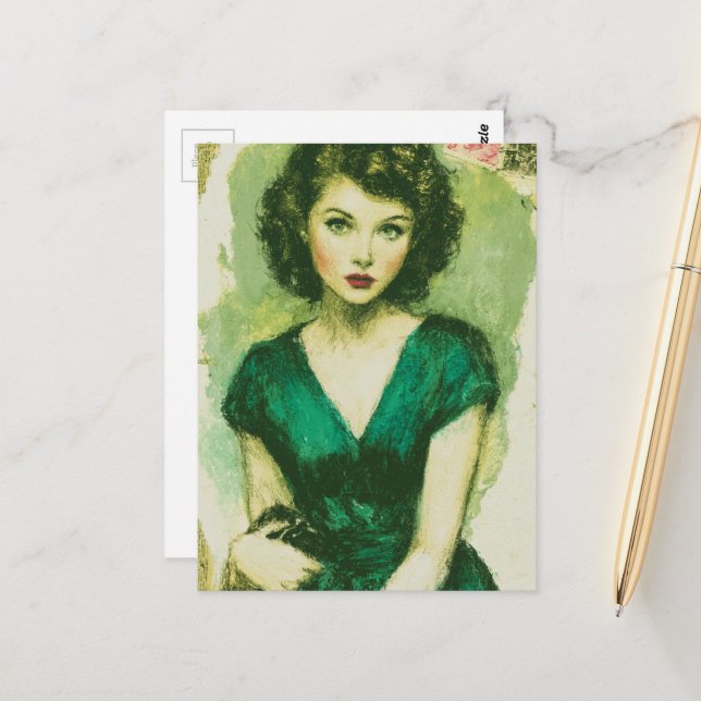Carte Postale Femme en robe verte (Devant/Arrière en situation)