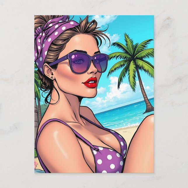 Carte Postale Femme en violet Polka Dot Bikini sur la plage (Devant)