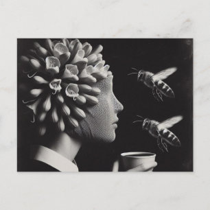 Carte Postale Femme et abeilles en tête de fleur surréelle