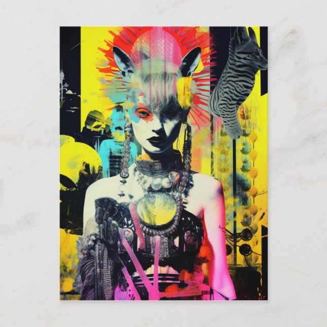 Carte Postale Femme et animaux de fantaisie Collage coloré (Devant)