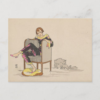 Carte postale - femme et chat - artiste français
