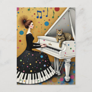 Carte Postale Femme et chat au piano surréaliste