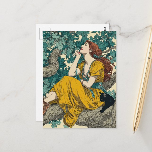 Carte Postale Femme et chat dans un arbre (Devant/Arrière en situation)