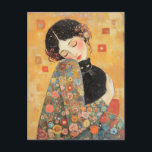 Carte Postale Femme et chat inspirés par Klimt<br><div class="desc">Un tableau rêvé,  inspiré de Klimt,  d'une femme embrassant un chat noir,  avec des motifs floral et or complexes. Les teintes chaudes et les touches délicates évoquent un sentiment d'amour,  de confort et d'élégance artistique.</div>