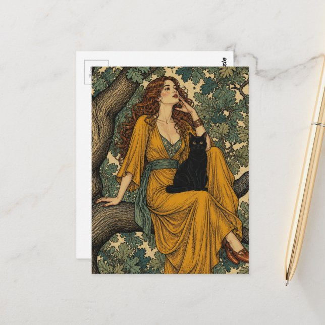 Carte Postale Femme et chat noir dans un arbre (Devant/Arrière en situation)