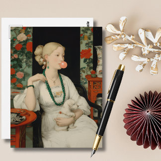 Carte Postale Femme et chien Bubble Gum Rose Bulle Coloré