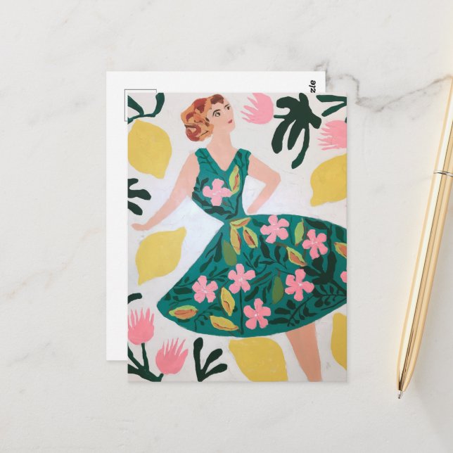 Carte Postale Femme et citrons et fleurs (Devant/Arrière en situation)
