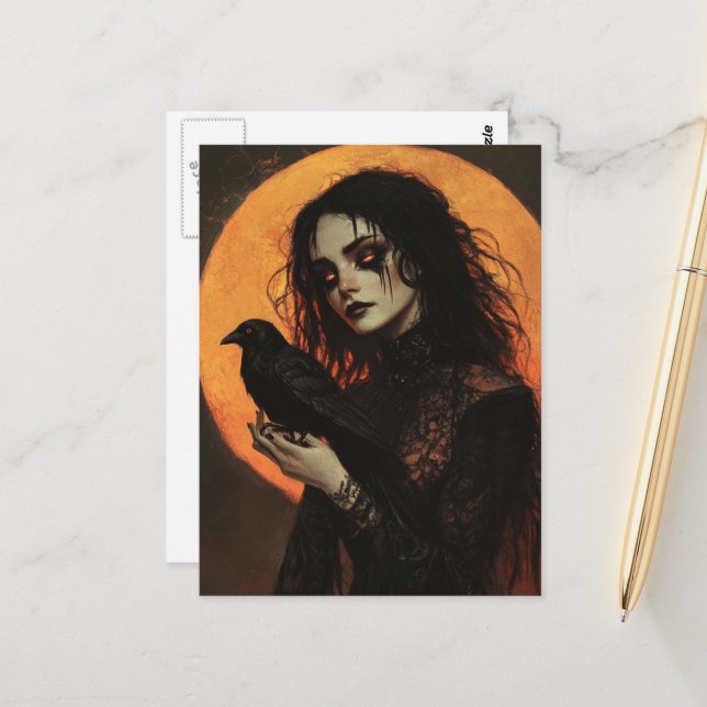 Carte Postale Femme et Corbeau Horreur (Devant/Arrière en situation)