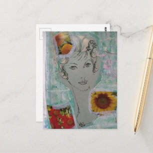 Carte Postale Femme et fleurs Coiffure rétro Collage