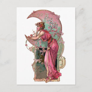 Carte Postale Femme et lune, art nouveau, romantique vintage