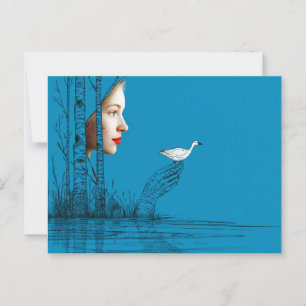 Carte Postale Femme et oie des neiges, art linéaire minimaliste