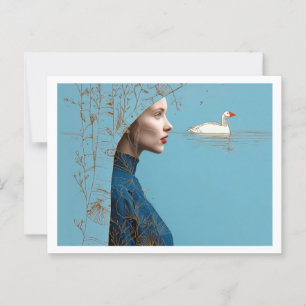 Carte Postale Femme et oie des neiges, art linéaire minimaliste