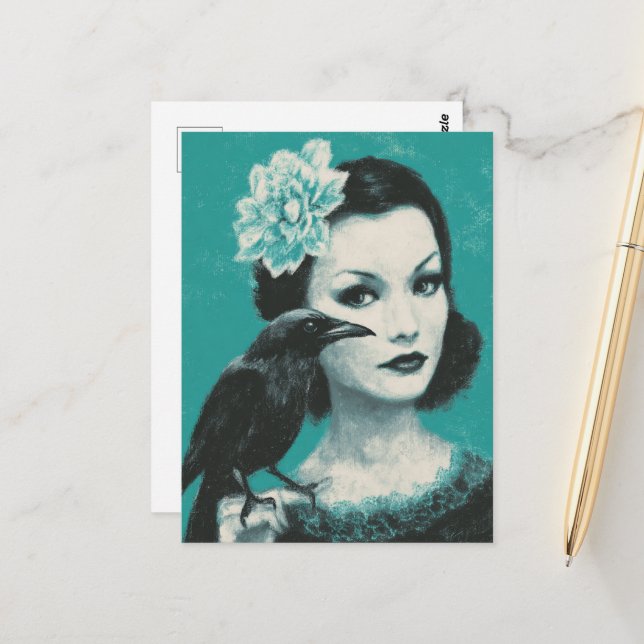 Carte Postale Femme et oiseau (Devant/Arrière en situation)